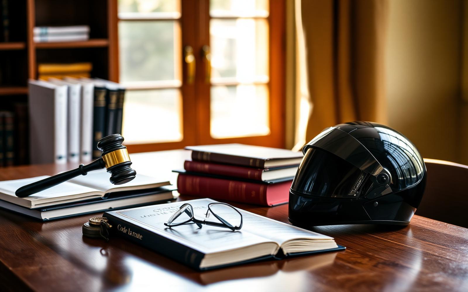 Livres de droit, lunettes et casque moto sur une table